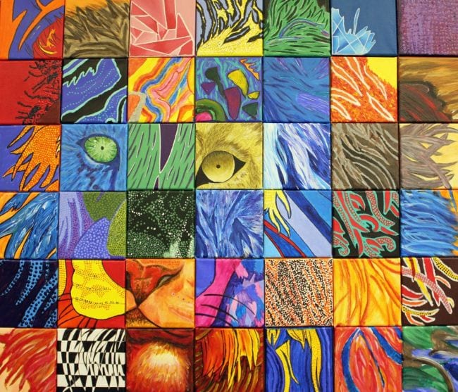 multiple paintings come together to form a larger one of a lion.