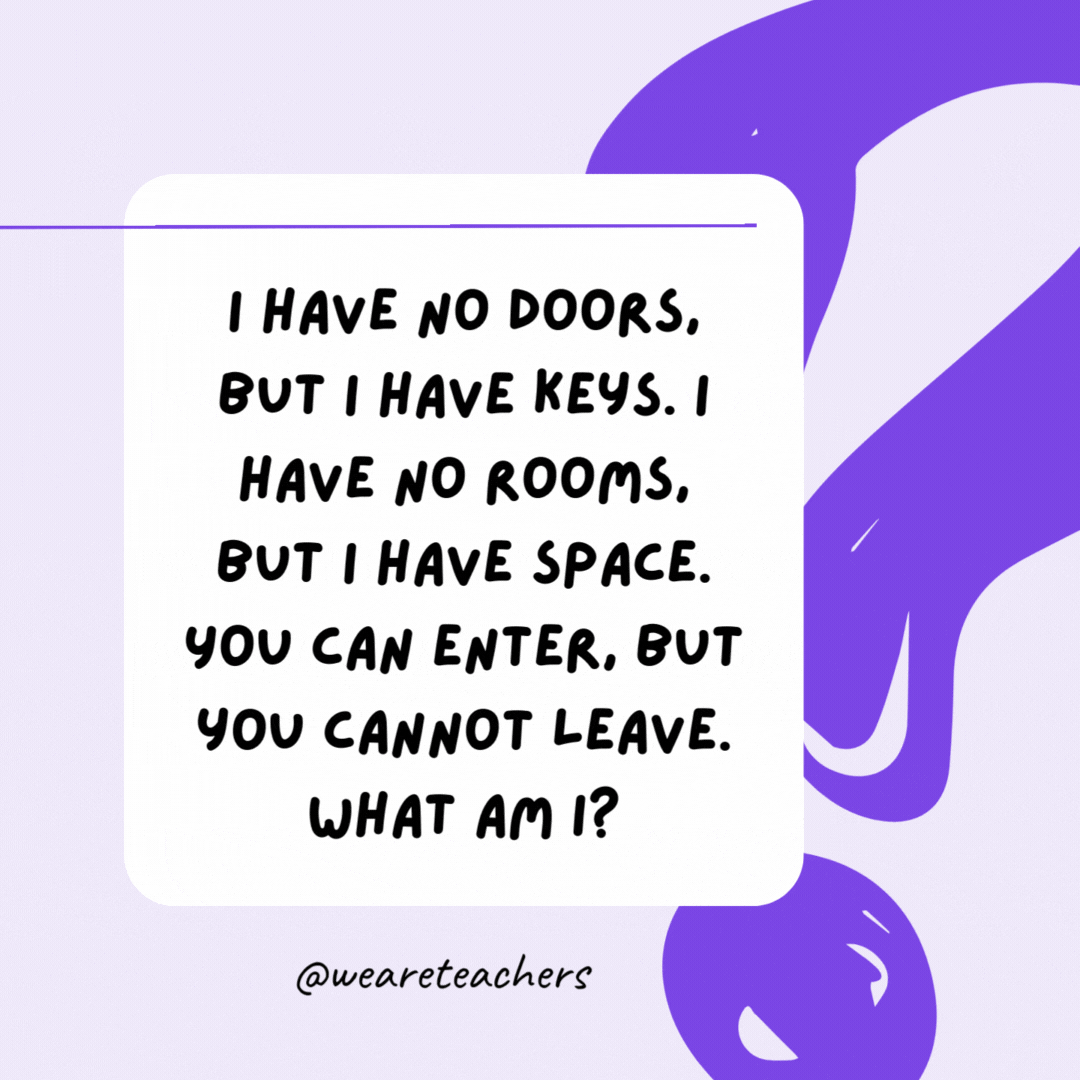 I have no doors, but I have keys. I have no rooms, but I have space. You can enter, but you cannot leave. What am I? A keyboard. I have no doors, but I have keys. I have no rooms, but I have space. You can enter, but you cannot leave. What am I? A keyboard.