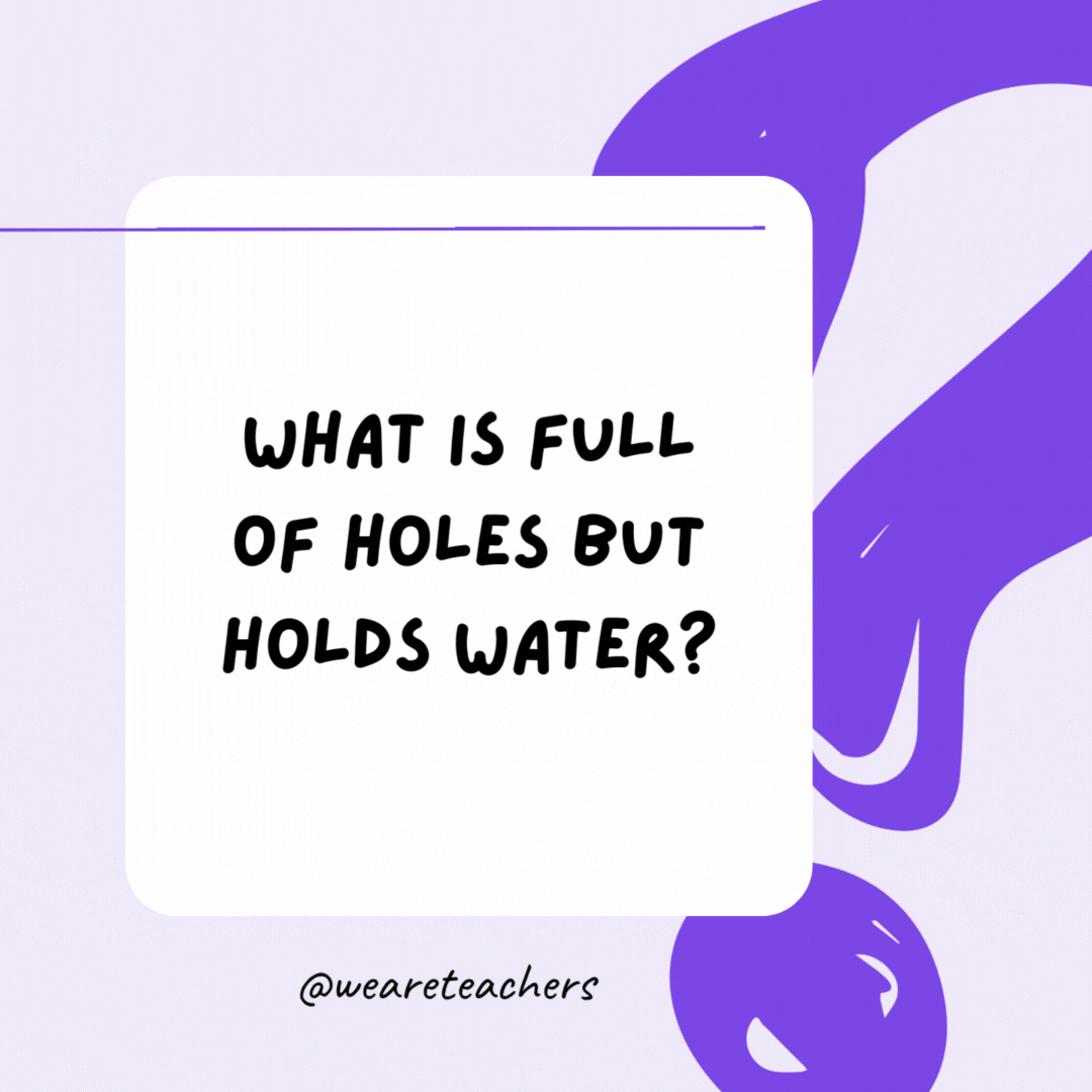 What is full of holes but holds water? A sponge. What is full of holes but holds water? A sponge.- riddles for high school students