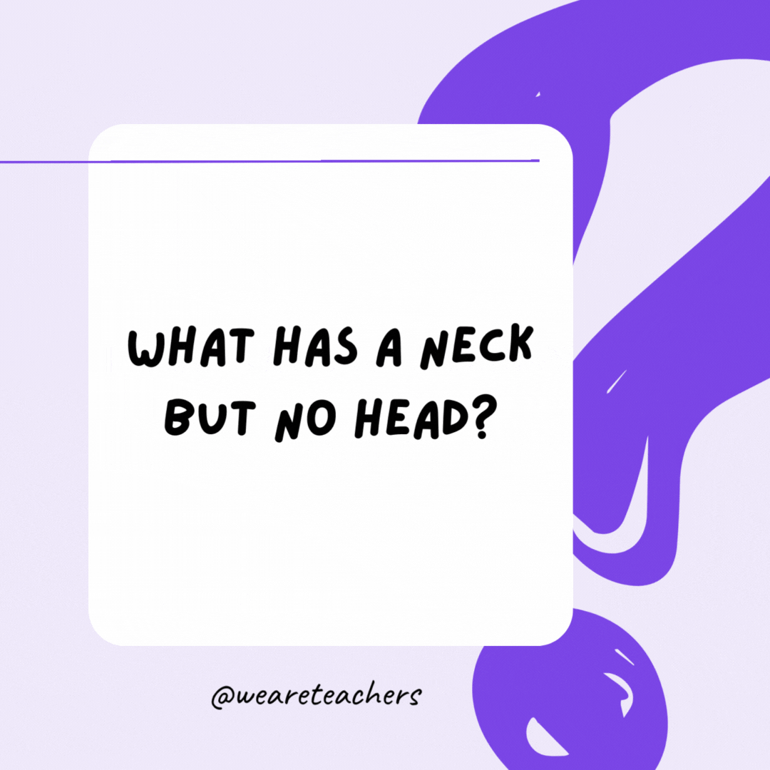 What has a neck but no head? A bottle. What has a neck but no head? A bottle.