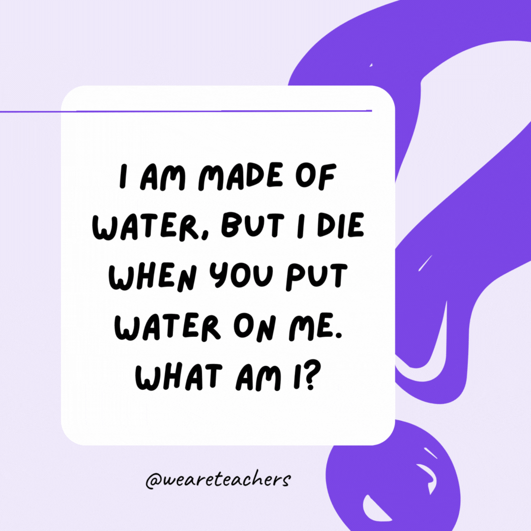 I am made of water, but I die when you put water on me. What am I? Ice. I am made of water, but I die when you put water on me. What am I? Ice.