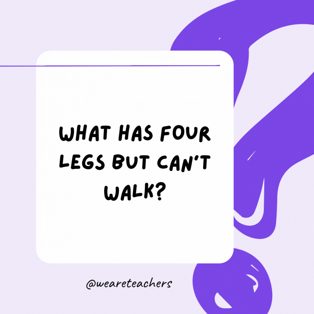 What has four legs but can’t walk? A table. What has four legs but can’t walk? A table.