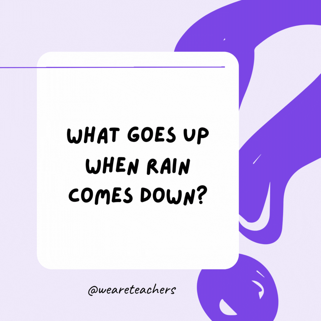 What goes up when rain comes down? An umbrella. What goes up when rain comes down? An umbrella.