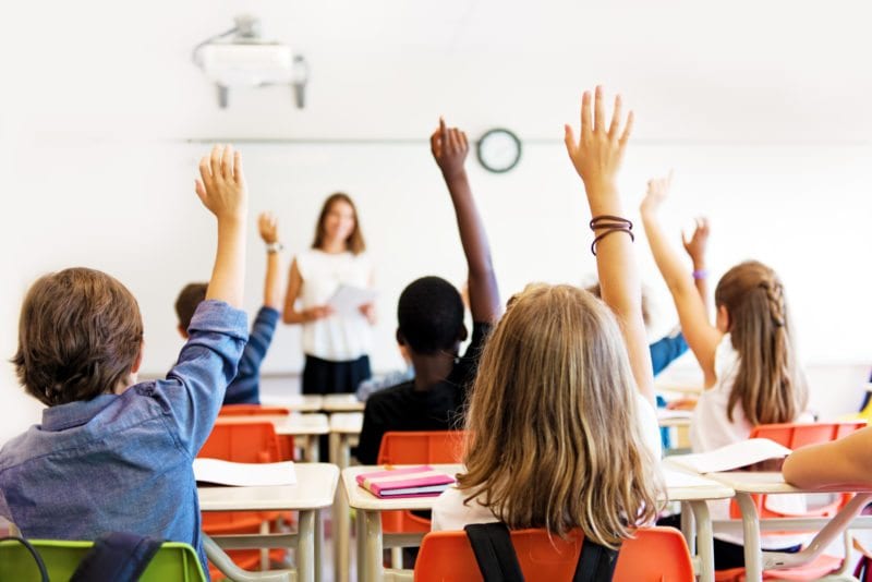School kids in classroom Teacher standing in front of classroom of children holding a trivia contest as an example of fun last day of school activities