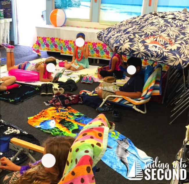beach-day Students enjoying a classroom decorated to look like a beach