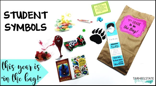 year-in-a-bag Paper bag and small items; text reads Student Symbols -- This year is in the bag!