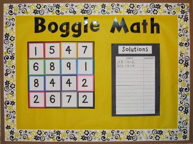 Interactive Bulletin Boards The Routty Math Teacher Bulletin board called Boggle Math with a grid of numbers and place to write equations