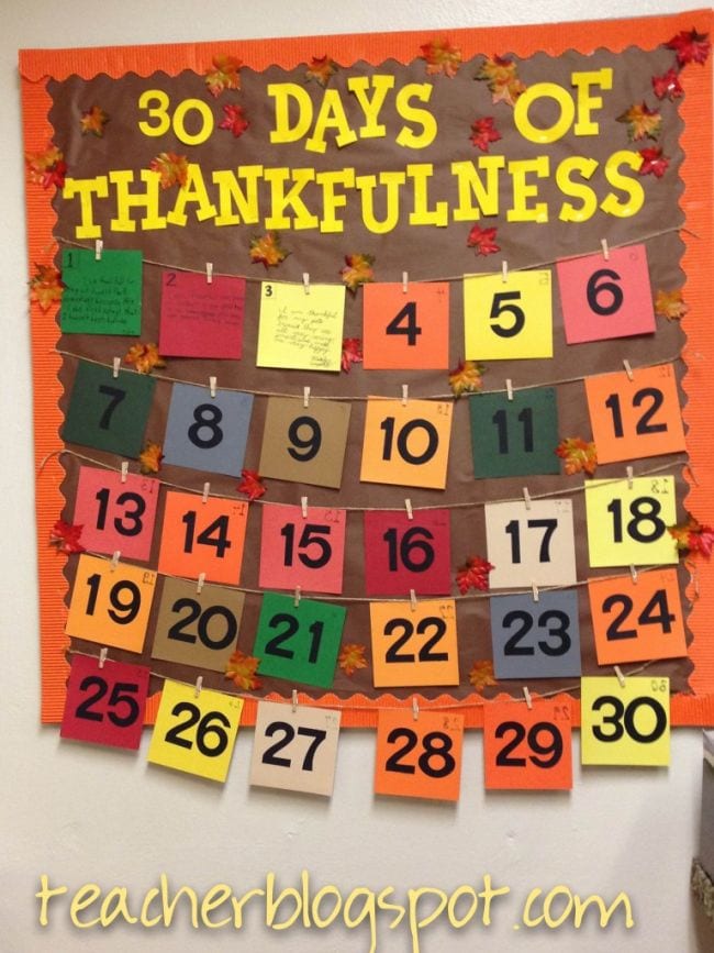 Interactive Bulletin Boards Teacher Blogspot Bulletin board reading 30 days of thankfulness, with numbered cards hanging on strings