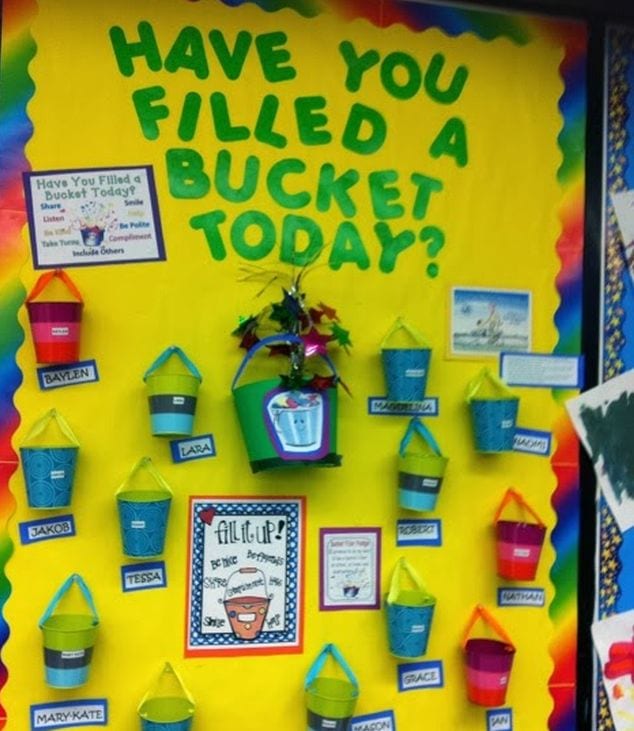 Interactive Bulletin Boards Little Mrs Preschool Have You Filled a Bucket Today? bulletin board with metal buckets attached