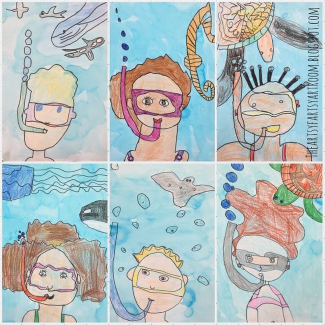 Second Grade Art: Underwater Portraits Illustrations of children underwater with snorkels and masks