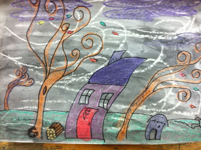 Second Grade Art: Windy Day Drawing of a house and trees bending in the wind (Second Grade Art)
