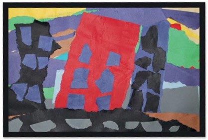 Torn Paper Landscape Artwork made by tearing construction paper to create a cityscape.