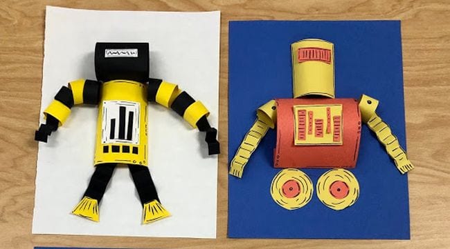 Second Grade Art: Robots Colorful paper robots mounted on construction paper