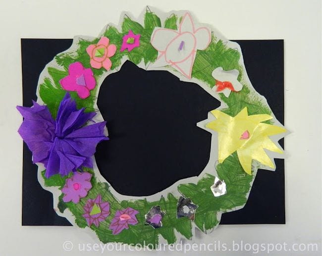 Second Grade Art: Wreath Collages Paper wreath with tissue paper flowers