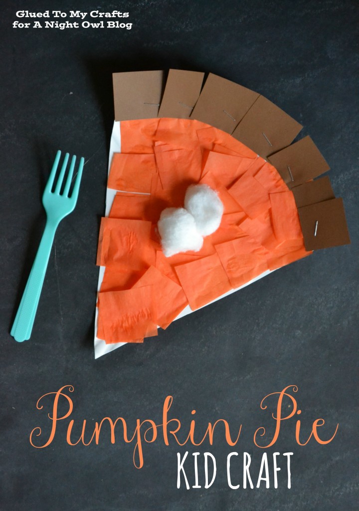 pumpkinpie A blue plastic fork lays beside a crafted piece of pie made from tissue paper and cotton balls.