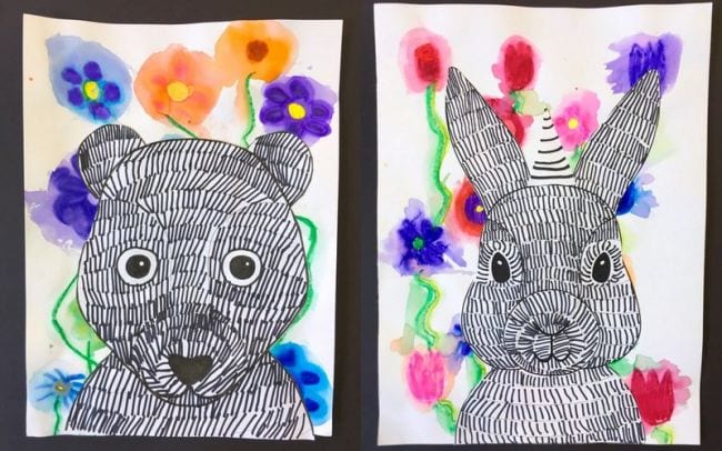 Second Grade Art: Bears and Bunnies Black and white drawings of a bear and bunny with colorful flower backgrounds (Second Grade Art)