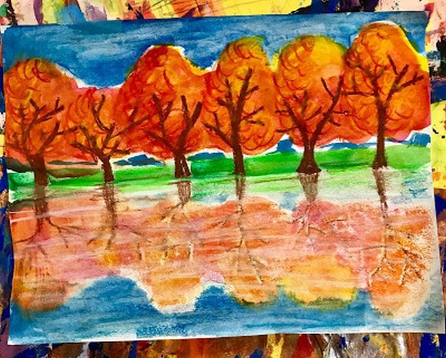 Second Grade Art: Fall Trees Painting of fall trees reflected in water