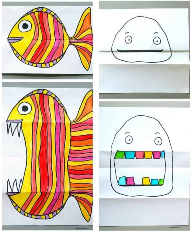 Second Grade Art: Ferocious Creatures Illustrations of creatures that reveal their fanged mouths when the paper is unfolded