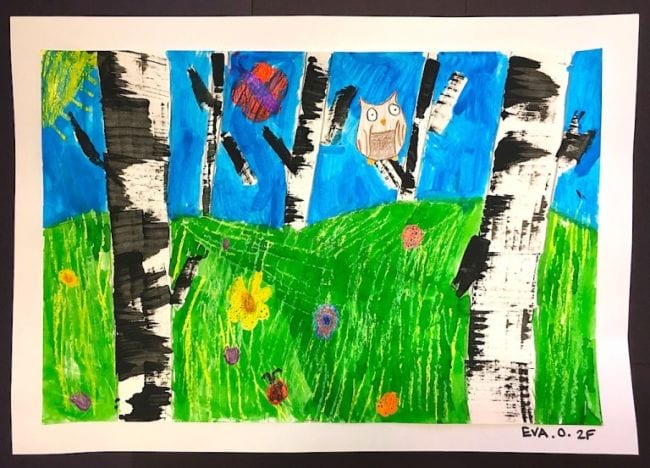 Second Grade Art: Birch Tree Forest Child's painting of a birch tree forest with small animals