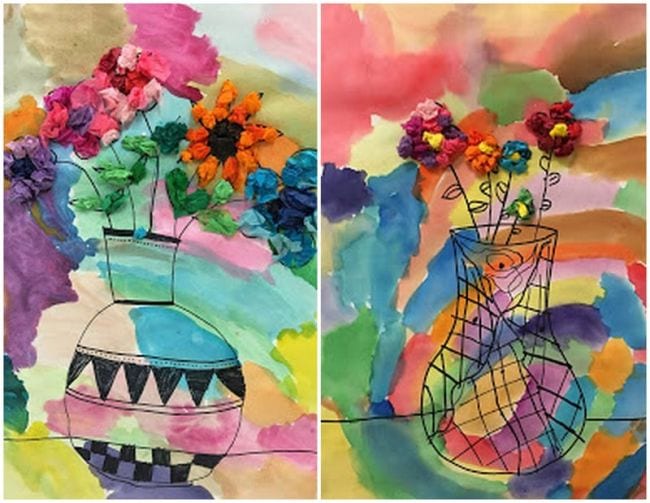 Second Grade Art: Vases Line drawings of patterned vases on watercolor backgrounds with tissue paper flowers