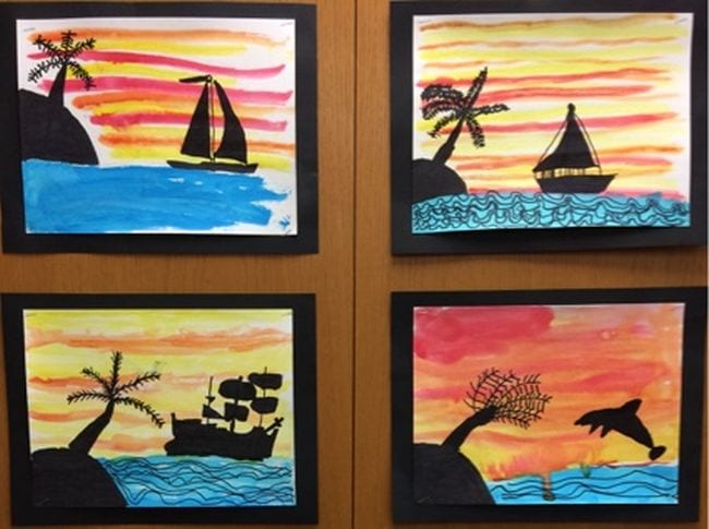 Second Grade Art: Silhouettes Silhouette pictures of desert islands, ships, and dolphins against a sunset sky