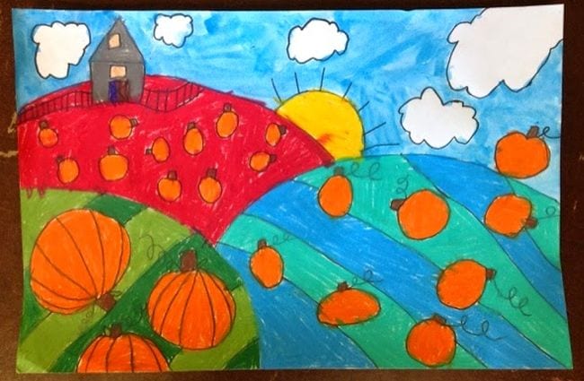Second Grade Art: Pumpkin Farm Colorful drawing of pumpkins on a striped hillside