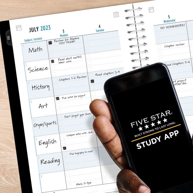 Organizational Skills: Scheduling Page layout from Five Star academic planner, with a smartphone displaying the Five Star Study App