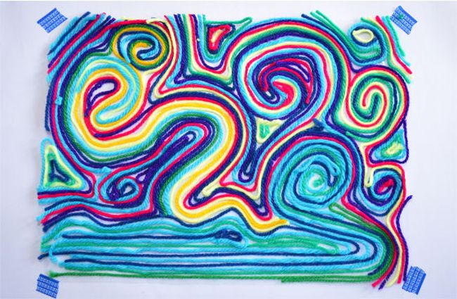 Second Grade Art: Yarn Painting Colorful yarn arranged in an abstract pattern to create art (Second Grade Art Projects)