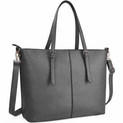 Gray tote bag with handles and strap