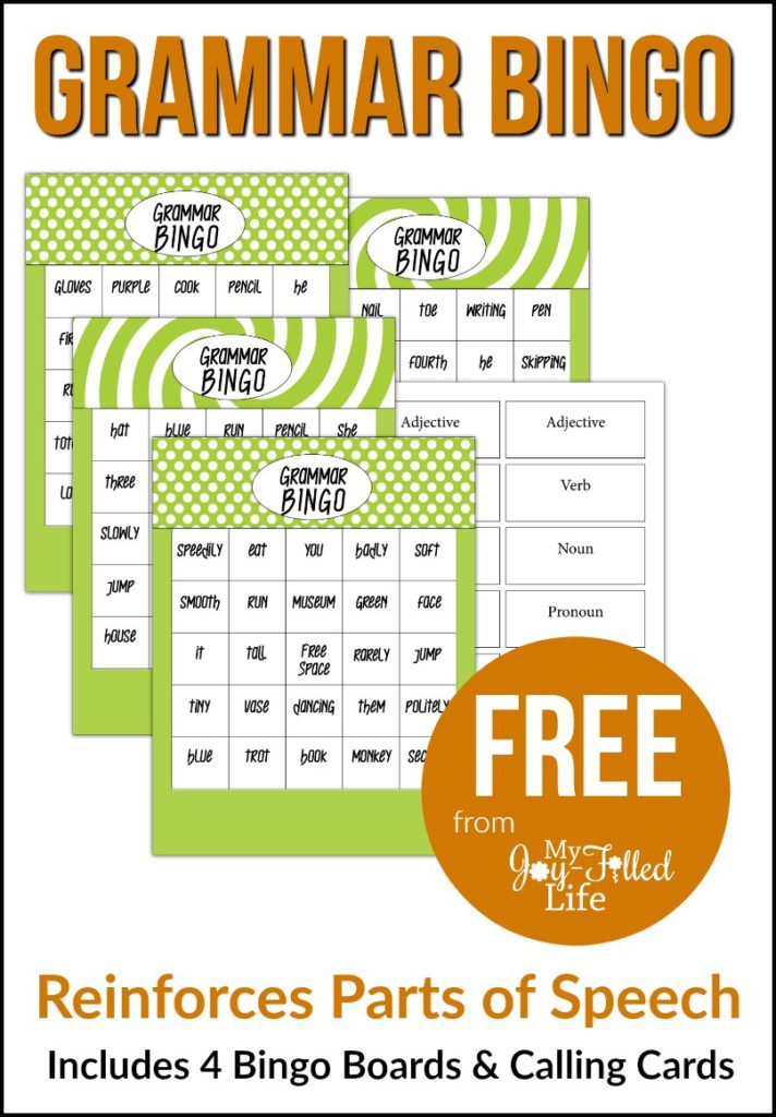 Grammar Bingo Bingo cards with parts of speech in each square as an example of grammar games
