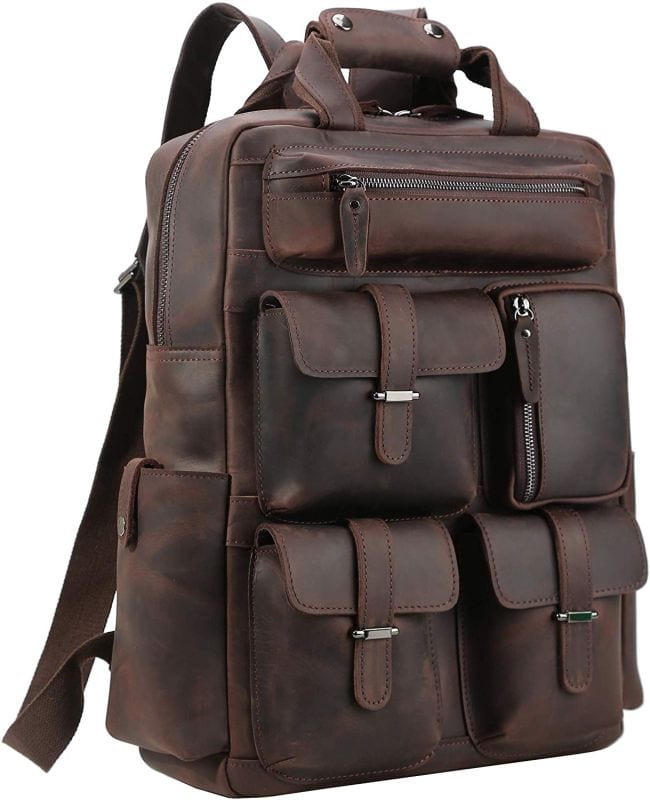 Leather backpack with many outside pockets