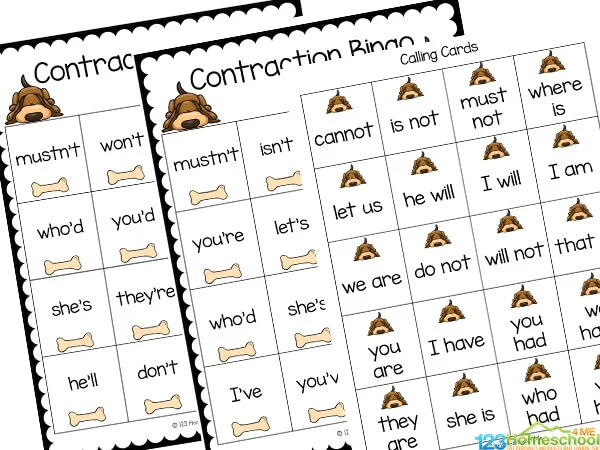 match-the-contractions Bingo worksheets with grammar terms in the squares as an example of grammar games