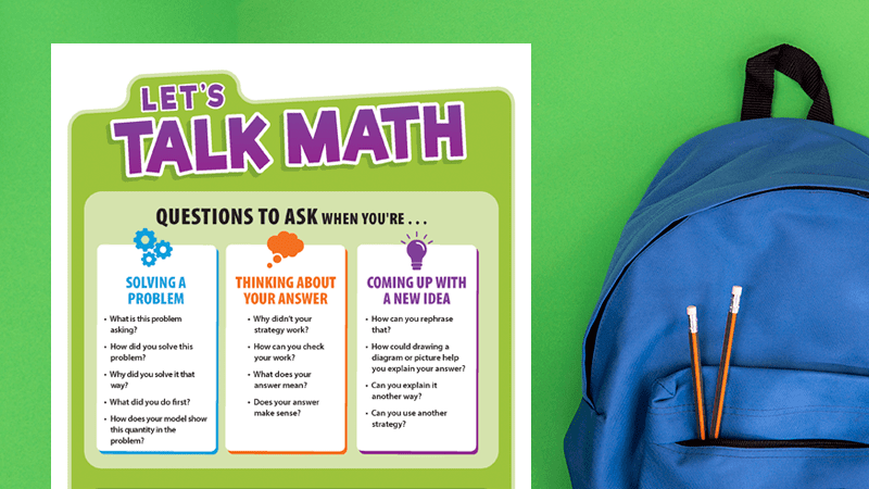 Lets-Talk-Math-Featured2 Lets Talk Math poster on wall next to backpack.