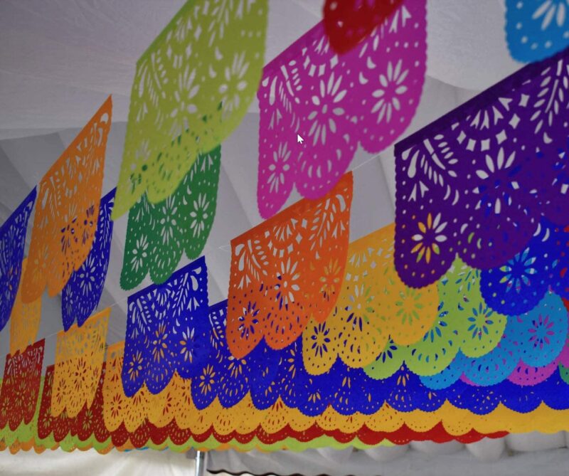 Colorful Papel Picado handing from the ceiling for hispanic heritage month- hispanic heritage month activities