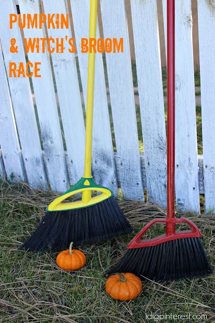 pumpkin and witch’s broom race Two brooms and two small pumpkins are shown (Halloween Activities)
