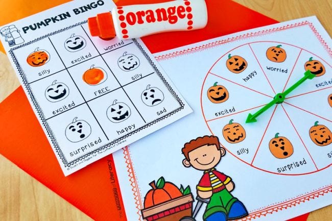 pumpkin-emotions-bingo A bingo card and spinner for an emotions Bingo game