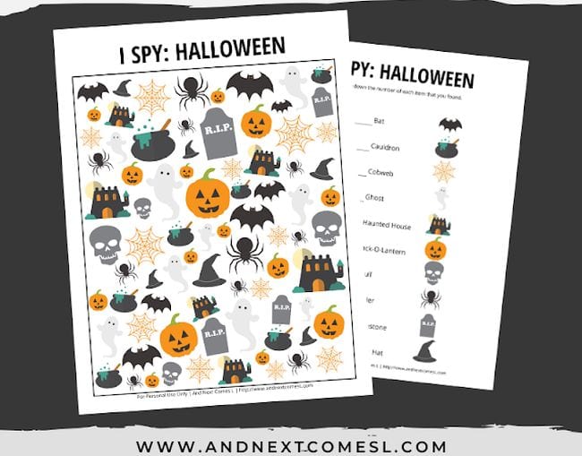 halloween-i-spy-games A colorful I-spy worksheet with images like pumpkins, witch hats, bats and more