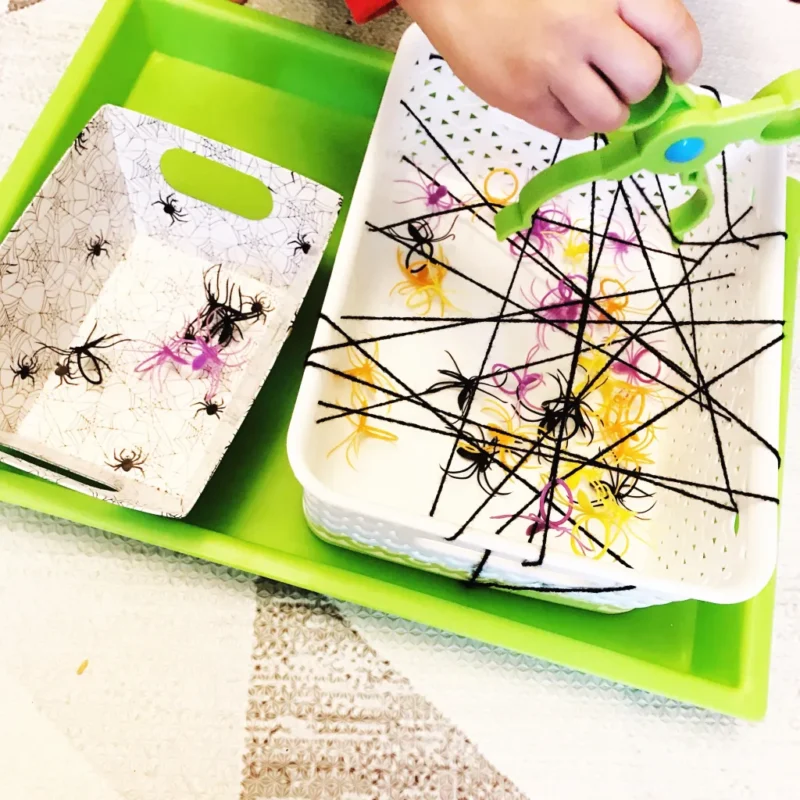 save-the-spiders Save the spiders activity with a bucket, string, and toy spiders