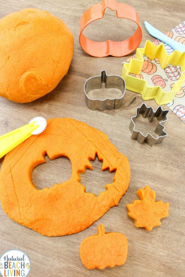pumpkin-playdough-recipe Orange play dough with shapes cut out