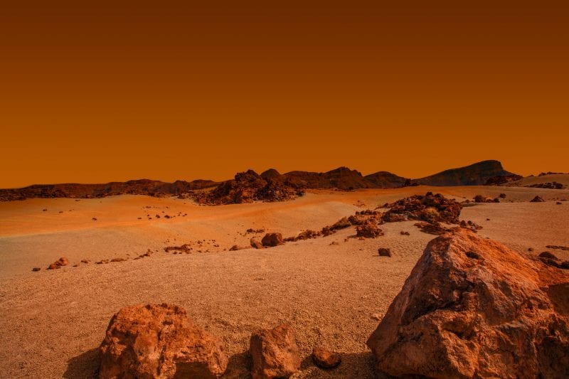 Landscape on planet Mars, scenic desert scene on the red planet Landscape on planet Mars, scenic desert scene on the red planet