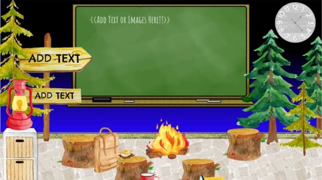 Camping theme Google Slides template with a blank chalkboard for notes