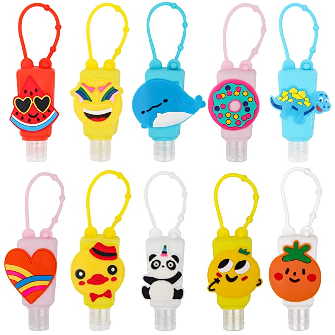 hand-sanitizer-bottles Whimsical refillable hand sanitizer bottles in the shape of a whale, a donut, a panda and more