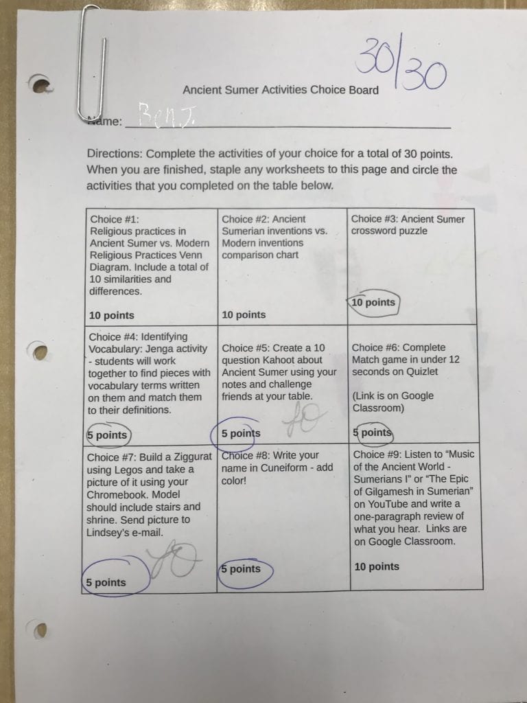 Choice Boards Choice Board worksheet giving a student different options for completing an assignment