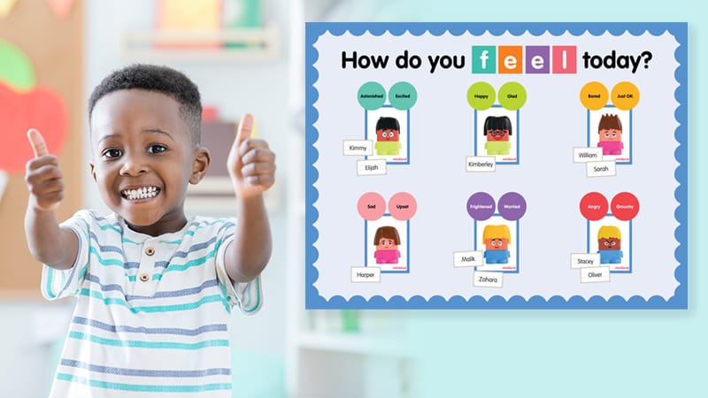 Free Emotions Bulletin Board Kit for Classrooms. child holding thumbs up next to bulletin board with how do you feel today printed on it and feelings cards for social emotional learning activities