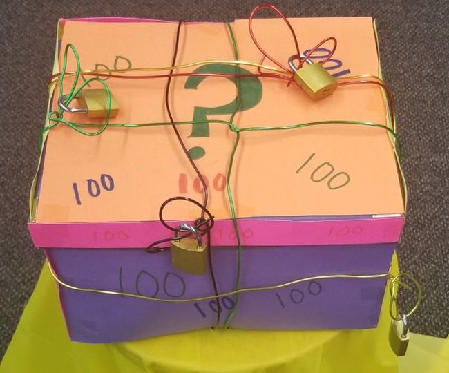 Classroom Escape Room: Mystery Box Colorful cardboard box wrapped in wire with multiple locks attached (Classroom Escape Room)