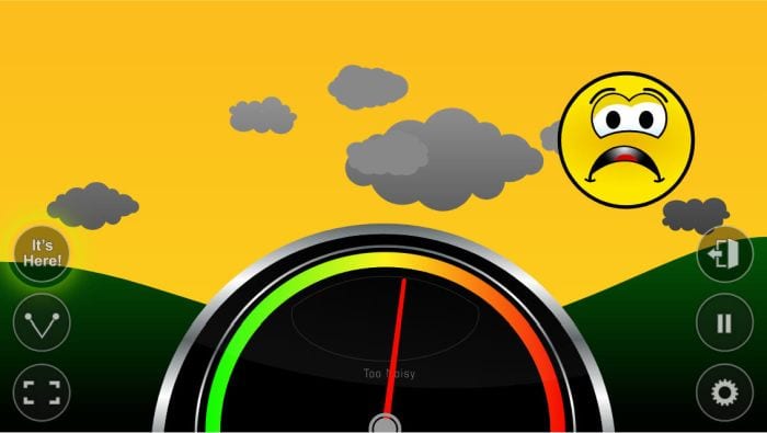Classroom Noise Monitor Apps Too Noisy A semicircular gauge at the bottom of a screen is set against a yellow sky with a frowning emoji in the distance