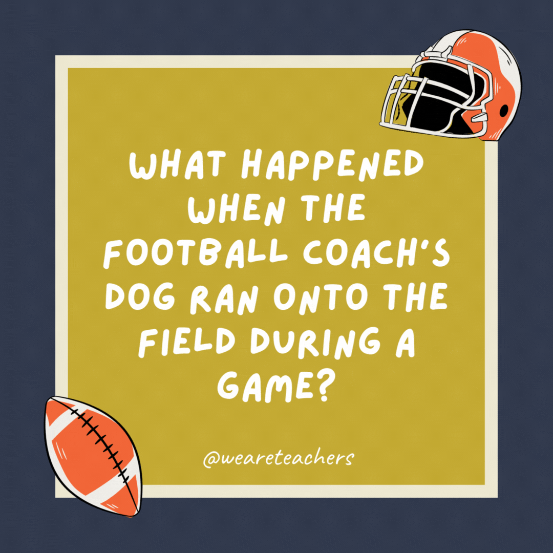 What happened when the football coach’s dog ran onto the field during a game? He got called for ineligible retriever downfield. What happened when the football coach’s dog ran onto the field during a game?
He got called for ineligible retriever downfield.