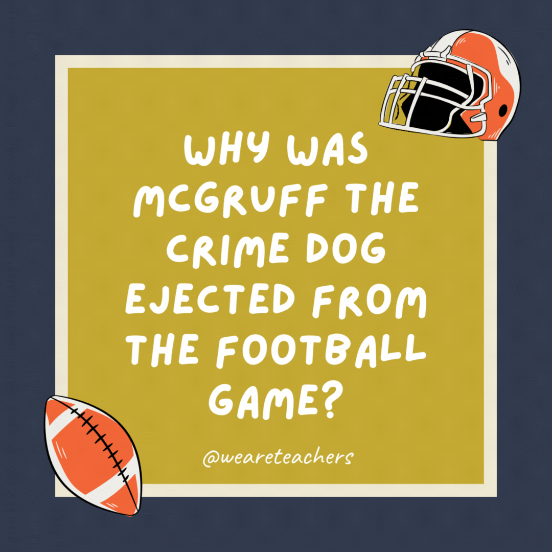 Why was McGruff the Crime Dog ejected from the football game? He was called for unnecessary gruffness. Why was McGruff the Crime Dog ejected from the football game?
He was called for unnecessary gruffness.