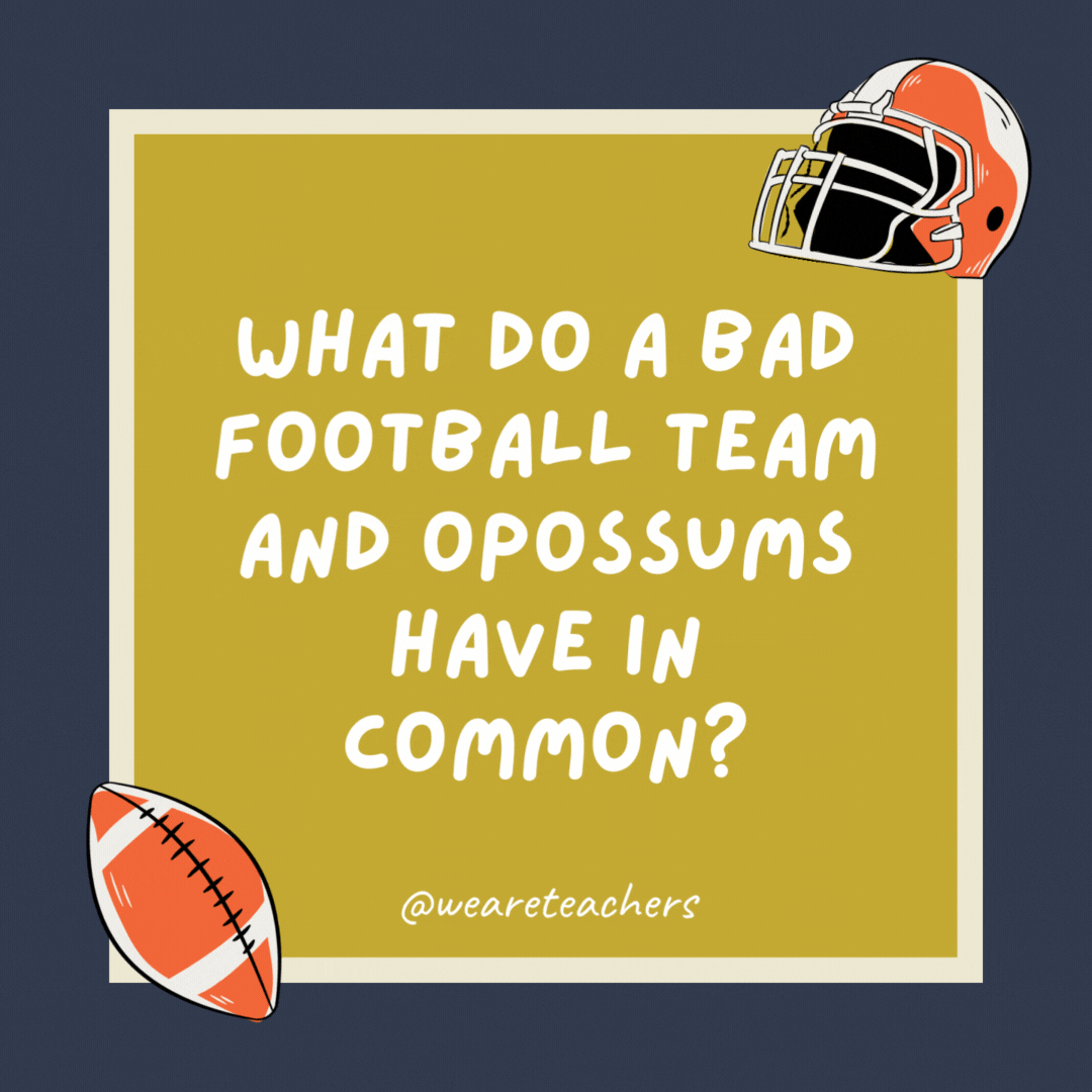 What do a bad football team and opossums have in common? Both can play dead and get killed on the road. What do a bad football team and opossums have in common?
Both can play dead and get killed on the road.