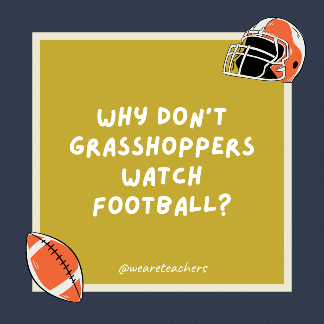 Why don’t grasshoppers watch football? They prefer cricket. Why don’t grasshoppers watch football? They prefer cricket.- football jokes